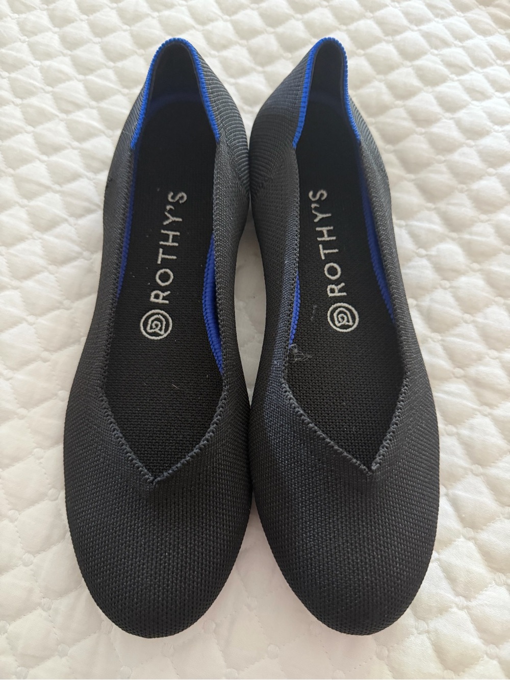 Rothy's Black Knit Flats with Royal Blue Trim